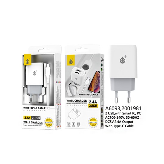 ADAPTADOR DE CARREGADOR ONEPLUS A6093 BL COM 2 PORTAS USB DE RECONHECIMENTO INTELIGENTE 2.4A MÁX. BRANCO